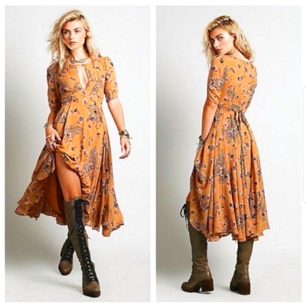 Free People Bonnie Mustard Floral Pleated Flared Midi Dress